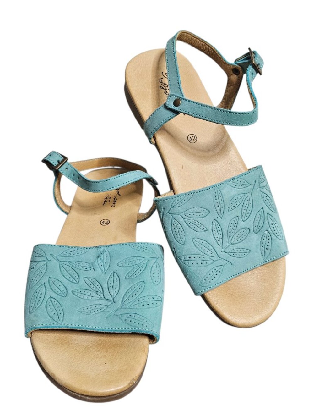 Gudrun Sjoden Savanna Teal Embossed Leather Sandals Women's EU 42 Boho Resort